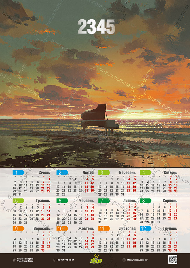 Календар піаніно на березі моря на заході сонця Art:ZHY-002